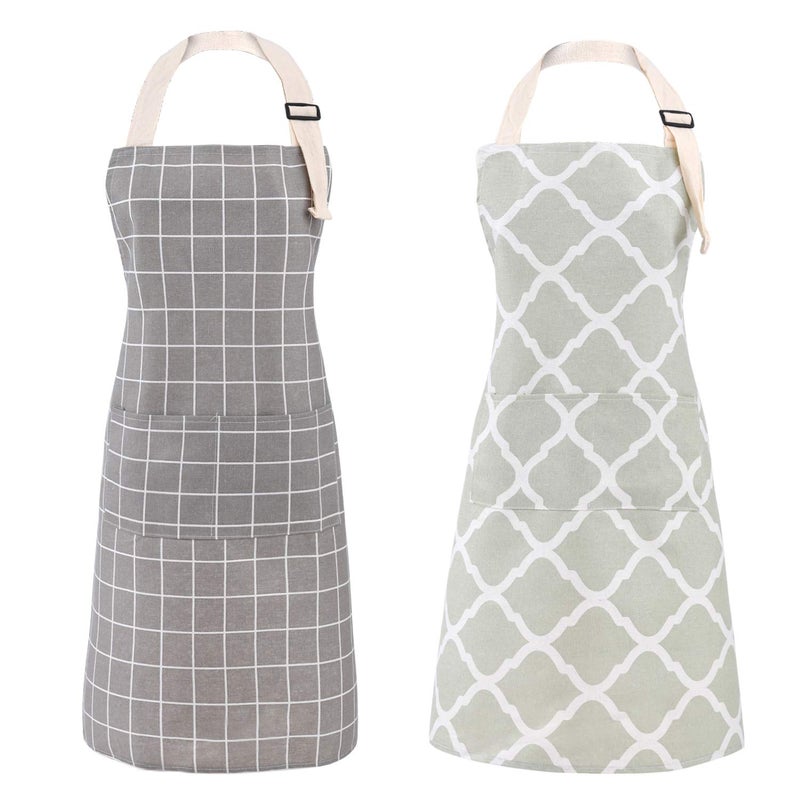 Tosewever 2 Pieces Cotton Linen Waterproof Bib Kitchen Apron with Pockets - Long Ties Adjustable Neck Strap - Unisex BBQ Cooking Drawing Crafting Aprons for Women Chef (Grey/Green  2) - Image 1